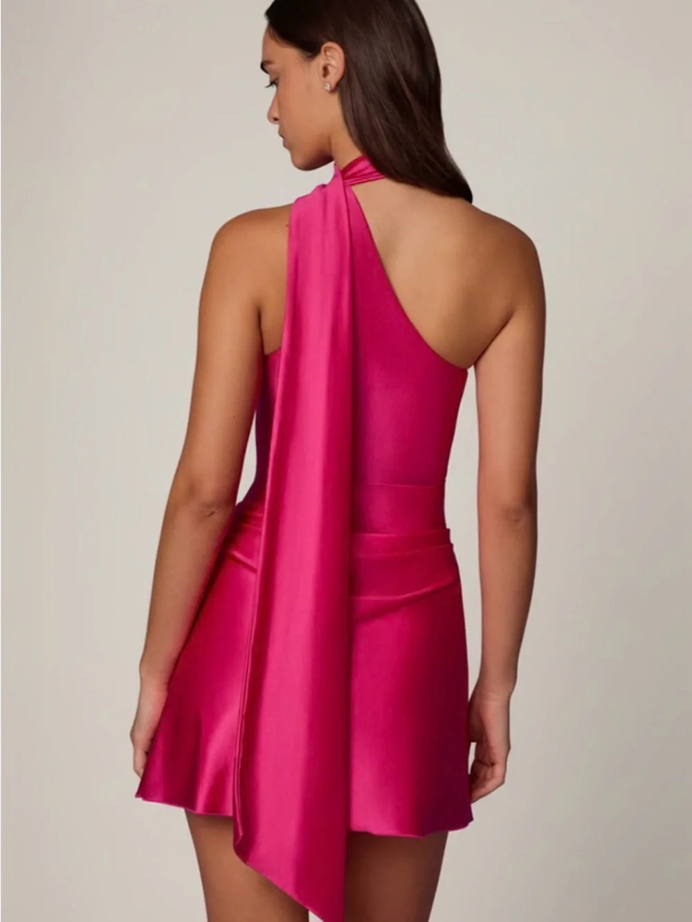 Oh Polly Kiraz Asymmetric Scarf-Detail Mini Dress in Hot Pink - Picture 2 of 6
